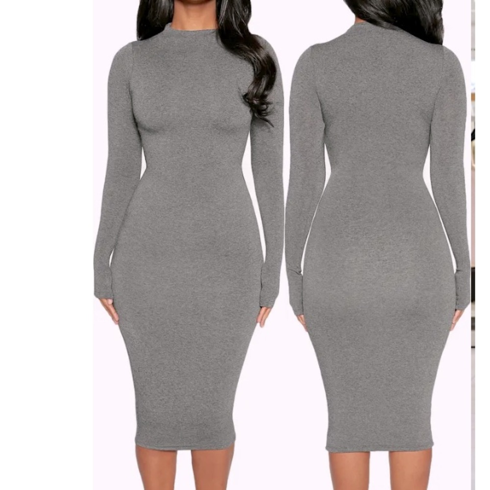 Naked Wardrobe Rib Pencil Dress Curve hugging long sleeve Long dress Gray Small